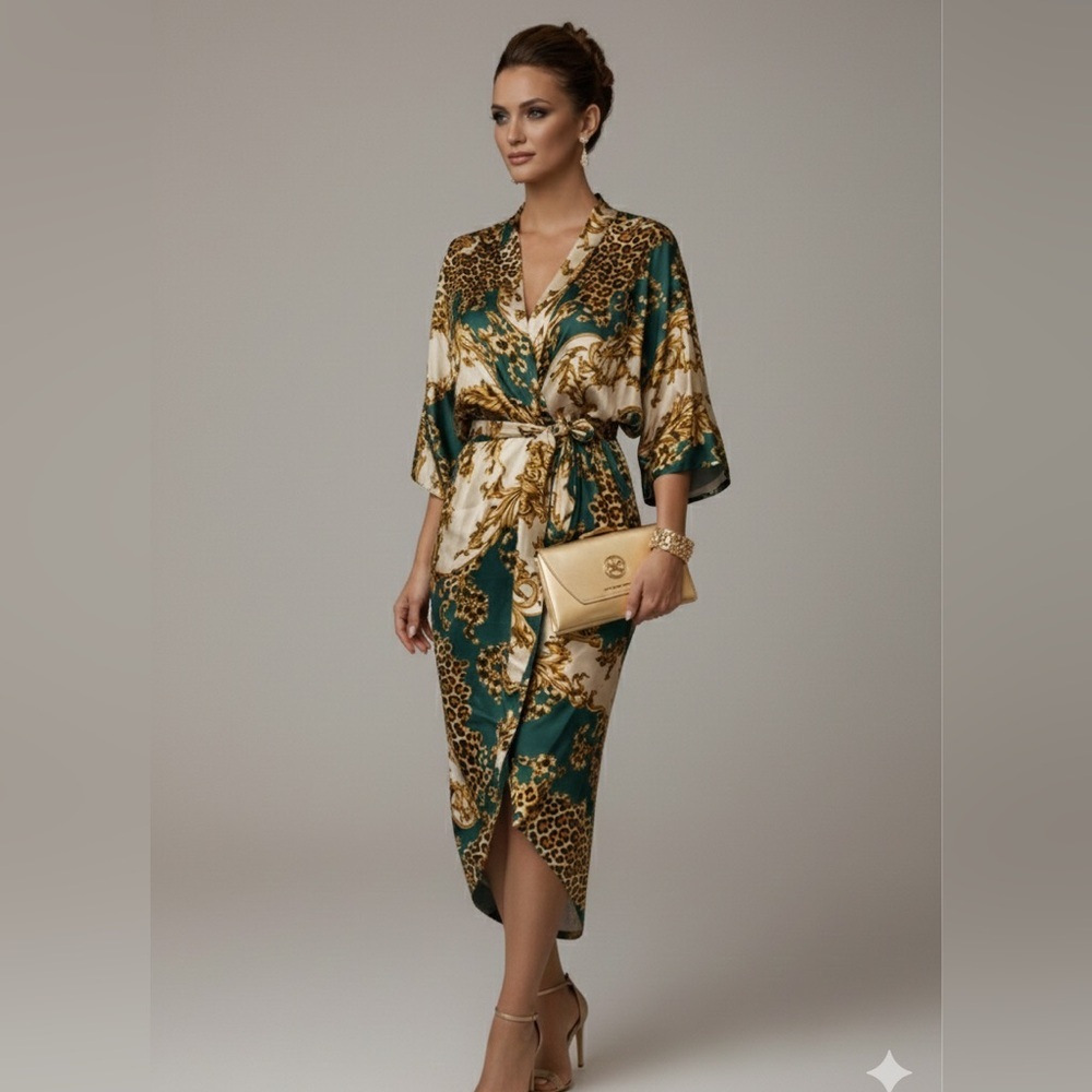 Sam & Lili Paris Resort Kimono Wrap Dress Baroque Leopard Green